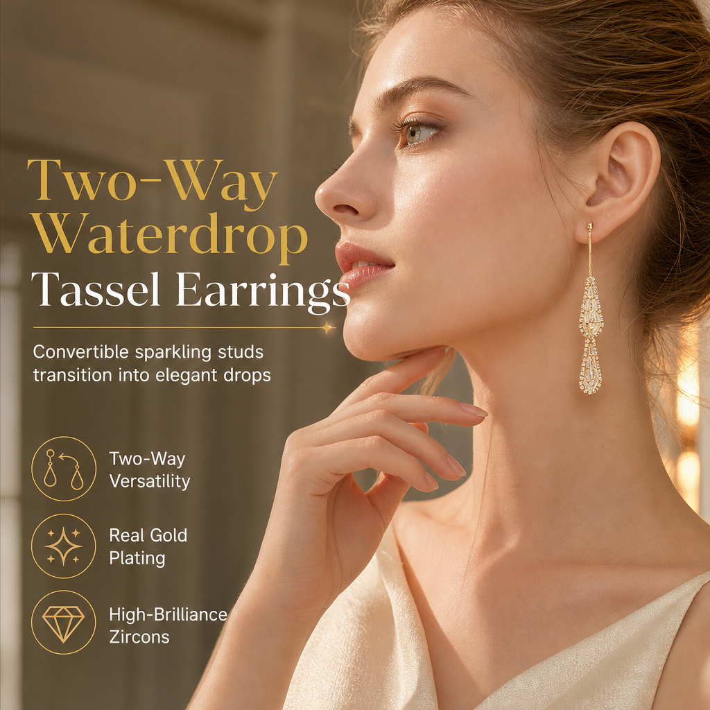 📢📢50% OFF !! ⏰Women's Dual Wear Zircon Water Drop Tassel Earrings✨Gold Plated Elegant Drop Earrings