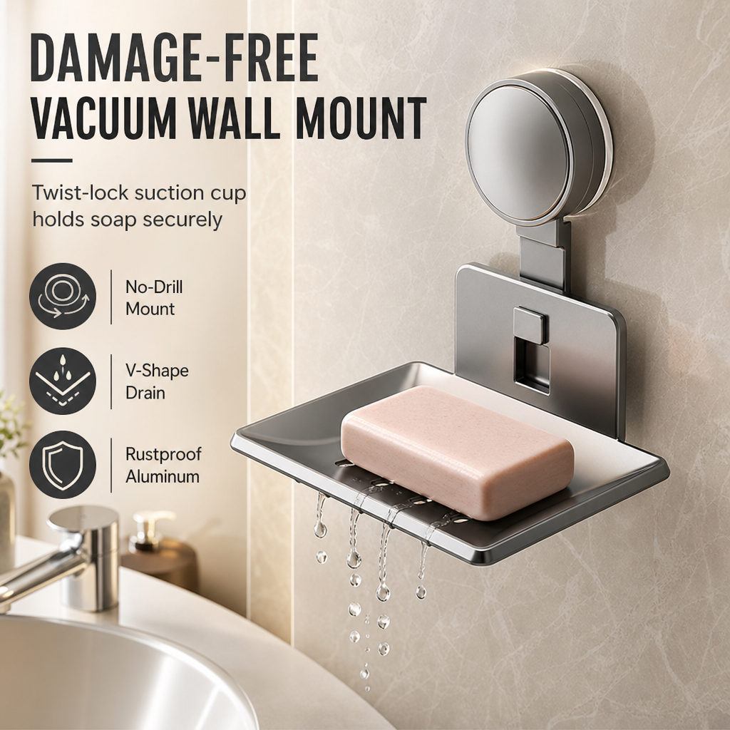 ⏳🔥LIMITED-TIME 50% OFF! ⏰Vacuum Suction Soap Dish: V-Shaped Drainage, Rustproof Aluminum, No Drilling, Twist-Lock🧼