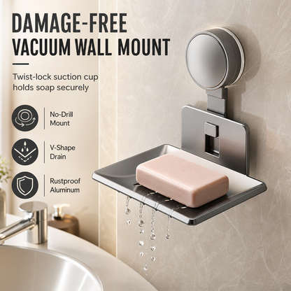 ⏳🔥LIMITED-TIME 50% OFF! ⏰Vacuum Suction Soap Dish: V-Shaped Drainage, Rustproof Aluminum, No Drilling, Twist-Lock🧼