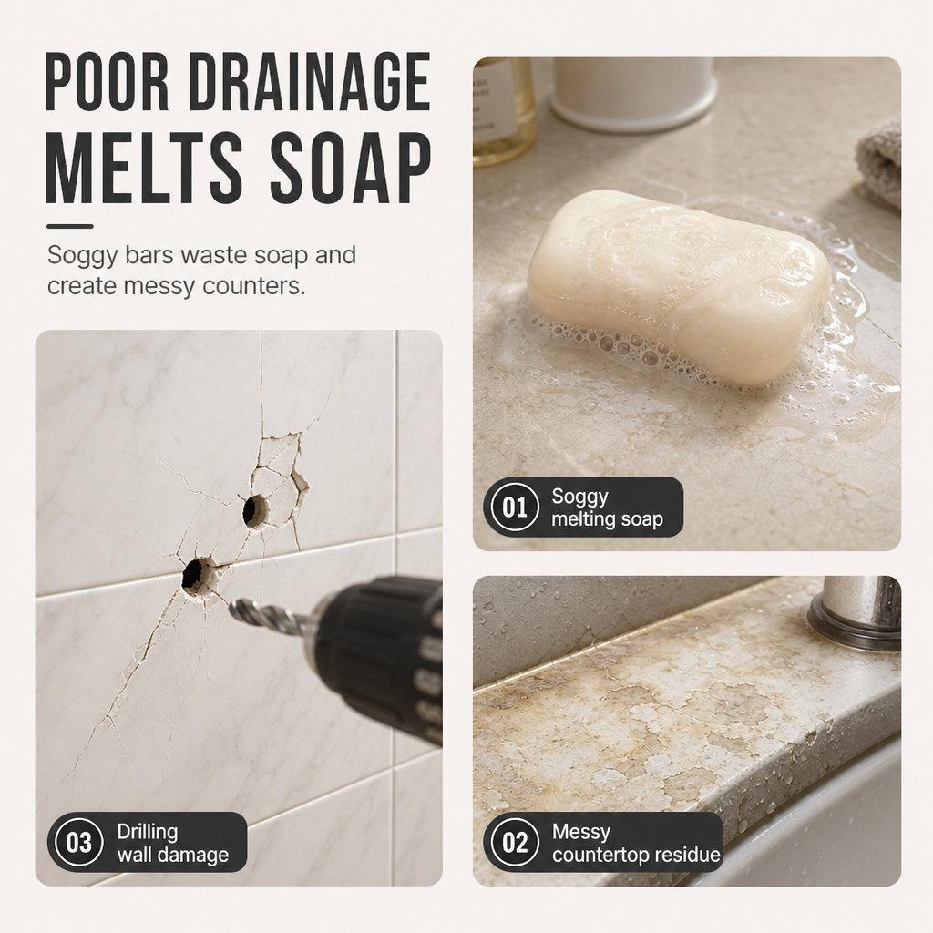 ⏳🔥LIMITED-TIME 50% OFF! ⏰Vacuum Suction Soap Dish: V-Shaped Drainage, Rustproof Aluminum, No Drilling, Twist-Lock🧼