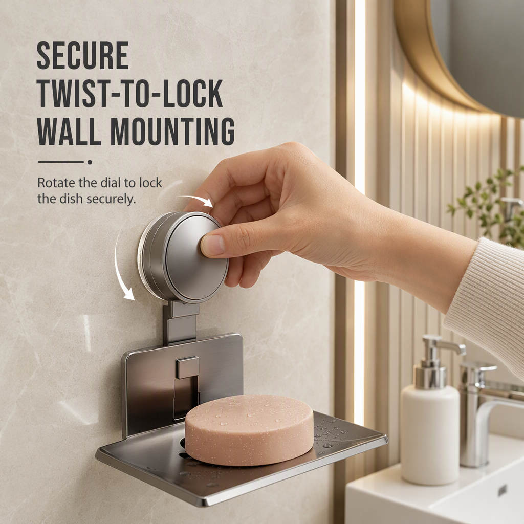 ⏳🔥LIMITED-TIME 50% OFF! ⏰Vacuum Suction Soap Dish: V-Shaped Drainage, Rustproof Aluminum, No Drilling, Twist-Lock🧼
