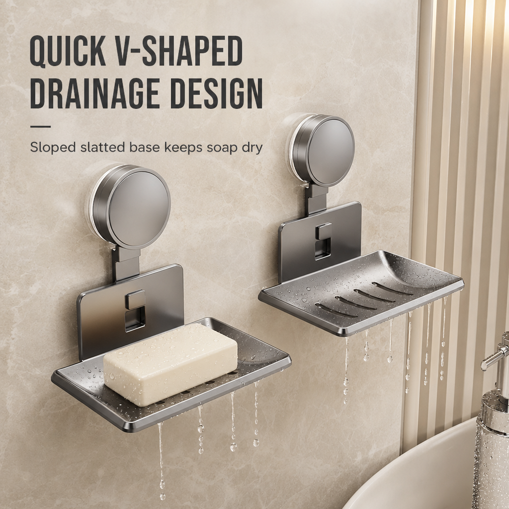 ⏳🔥LIMITED-TIME 50% OFF! ⏰Vacuum Suction Soap Dish: V-Shaped Drainage, Rustproof Aluminum, No Drilling, Twist-Lock🧼