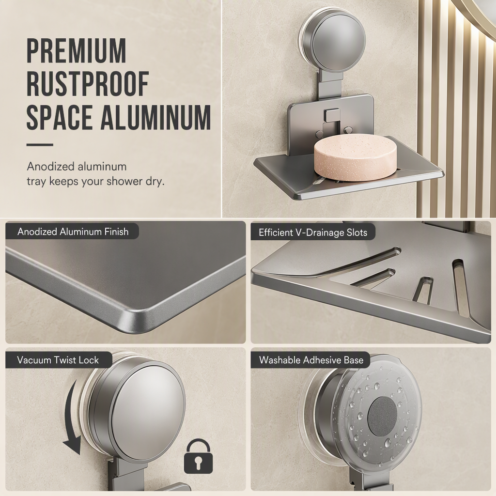 ⏳🔥LIMITED-TIME 50% OFF! ⏰Vacuum Suction Soap Dish: V-Shaped Drainage, Rustproof Aluminum, No Drilling, Twist-Lock🧼