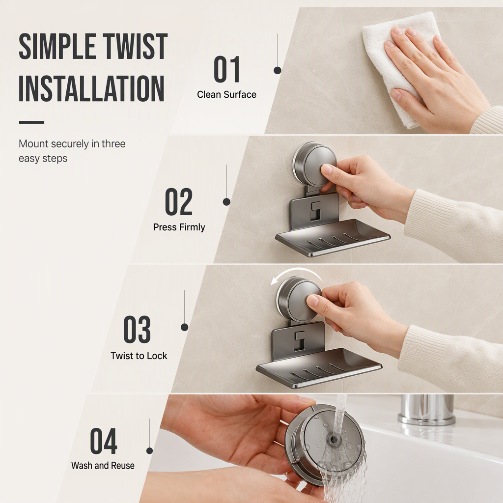 ⏳🔥LIMITED-TIME 50% OFF! ⏰Vacuum Suction Soap Dish: V-Shaped Drainage, Rustproof Aluminum, No Drilling, Twist-Lock🧼