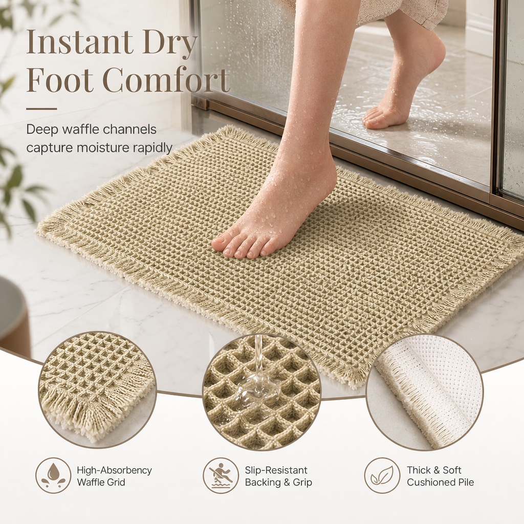 Non Slip Water Absorbent Waffle Weave Bathroom Mat Solid Color Entrance Doormat