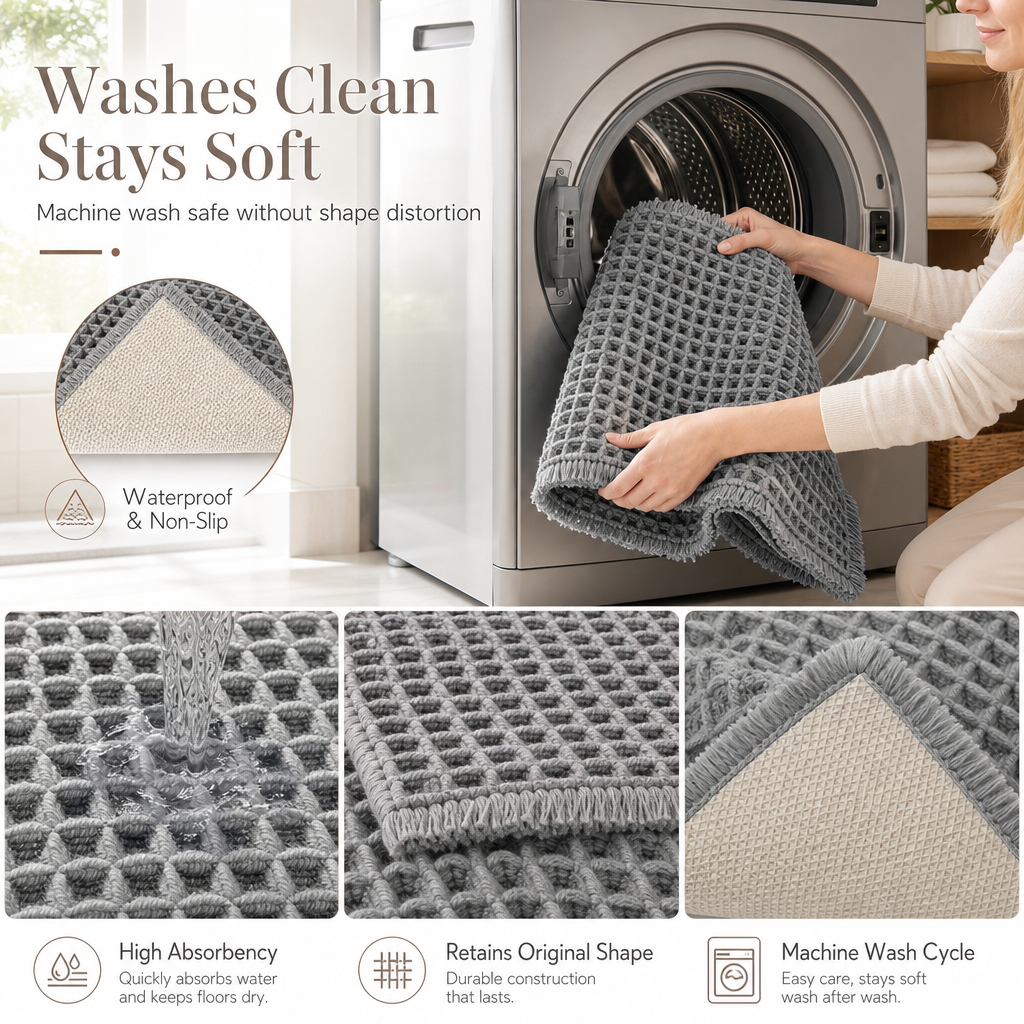 Non Slip Water Absorbent Waffle Weave Bathroom Mat Solid Color Entrance Doormat