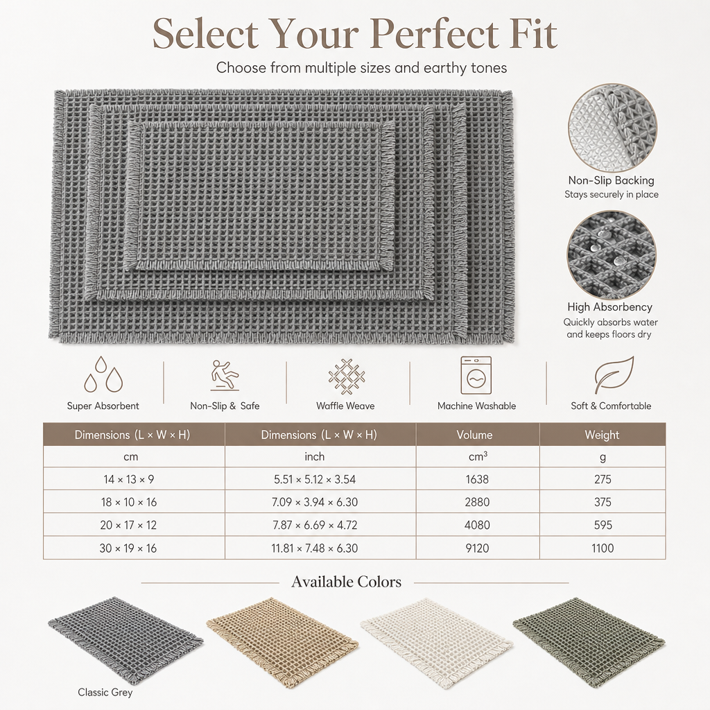 Non Slip Water Absorbent Waffle Weave Bathroom Mat Solid Color Entrance Doormat