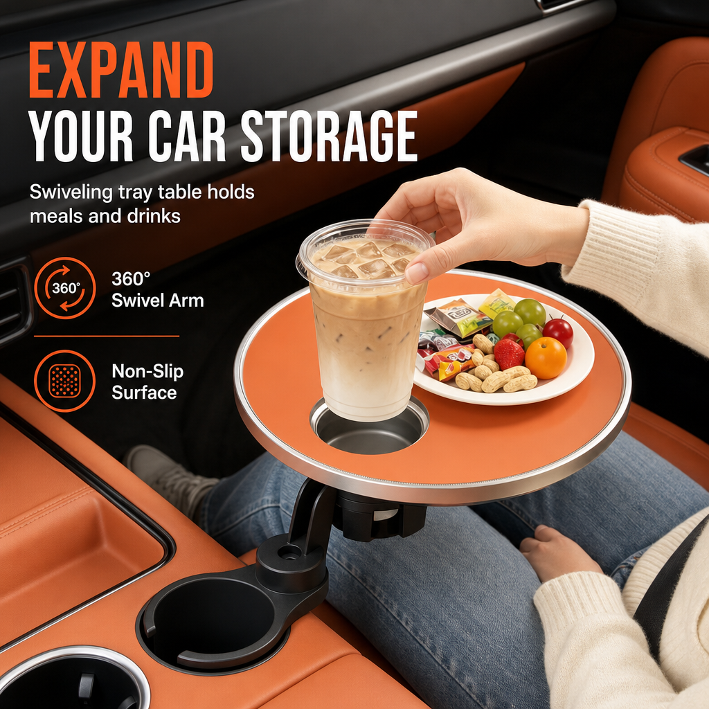 📢📢50% OFF !! ⏰Multifunctional 360 Degree Rotating Car Cup Holder and Food Tray Table Non Slip Wear Resistant Extended Vehicle Dining Tray