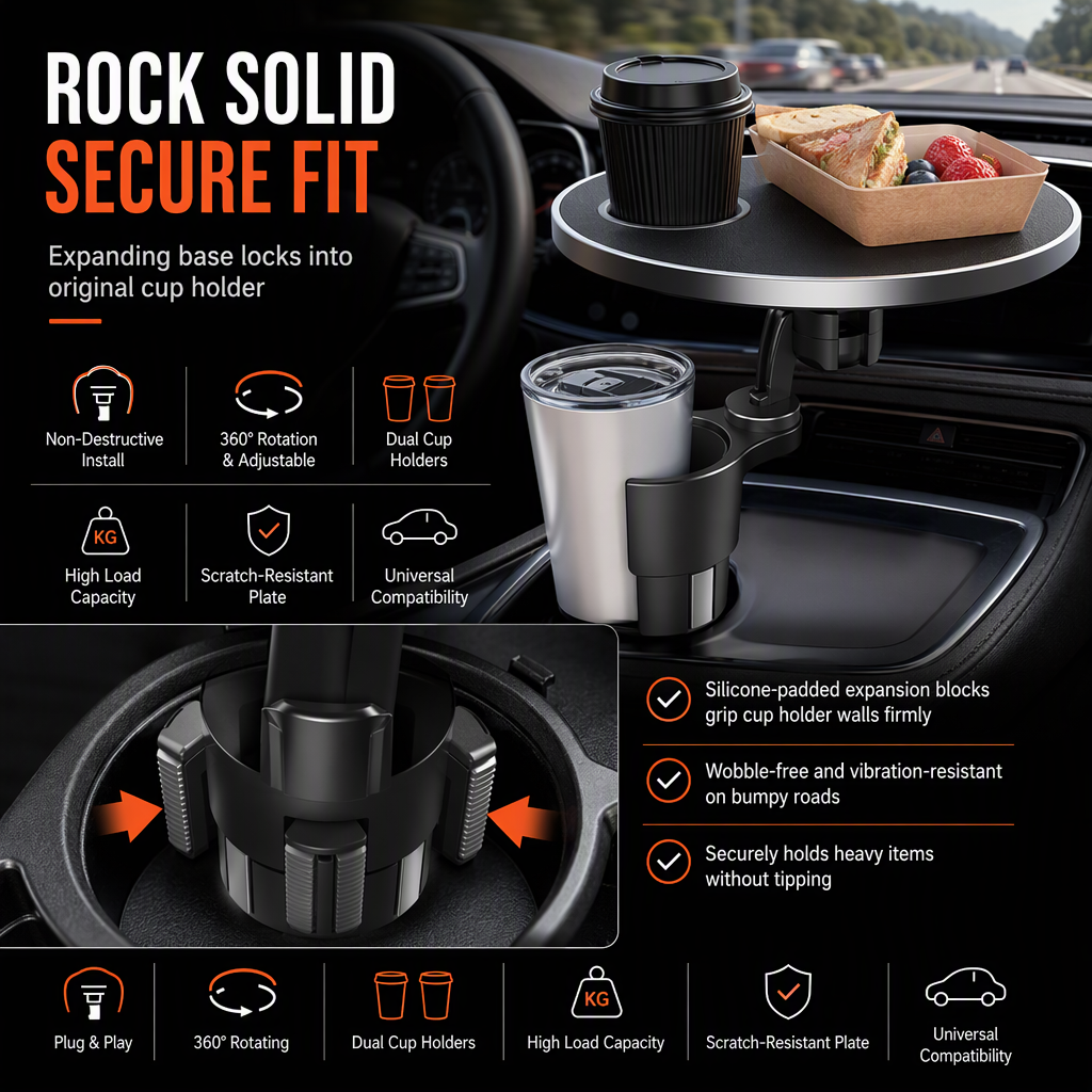📢📢50% OFF !! ⏰Multifunctional 360 Degree Rotating Car Cup Holder and Food Tray Table Non Slip Wear Resistant Extended Vehicle Dining Tray