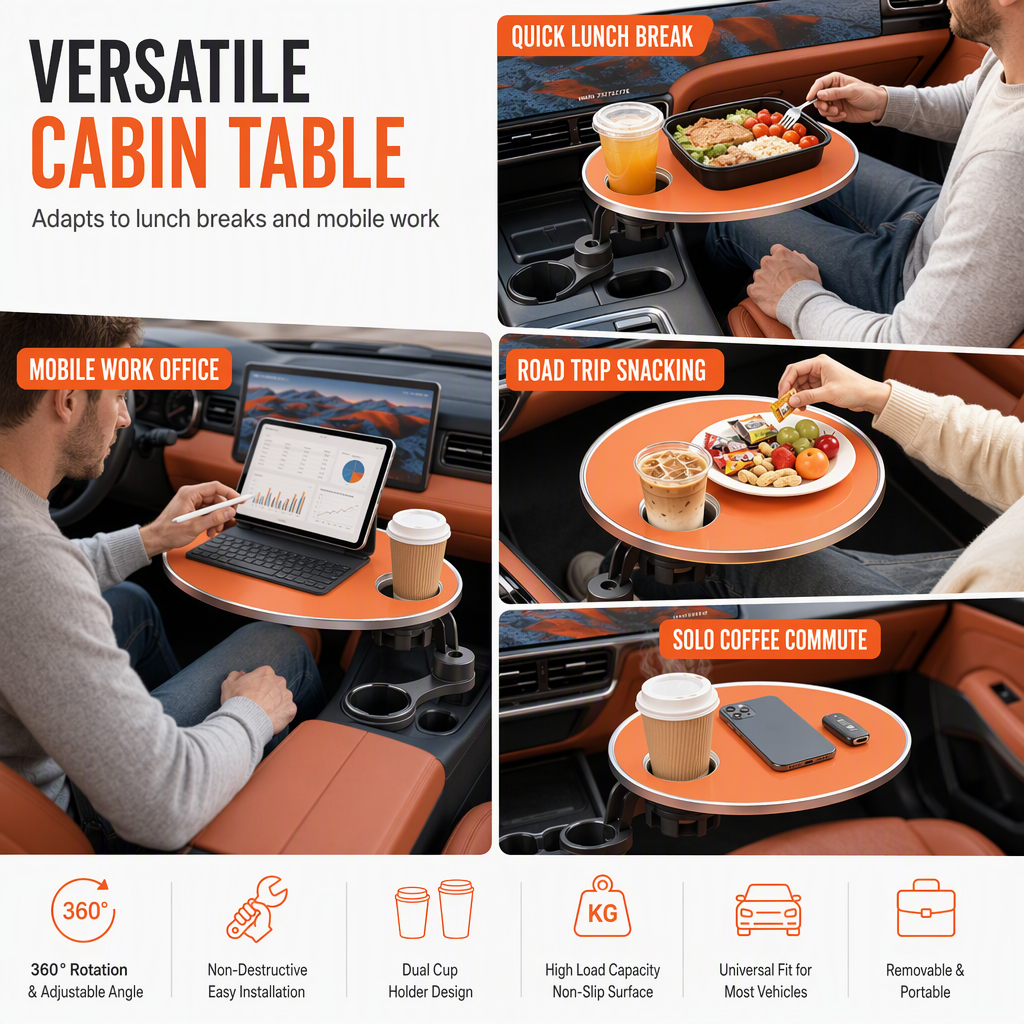 📢📢50% OFF !! ⏰Multifunctional 360 Degree Rotating Car Cup Holder and Food Tray Table Non Slip Wear Resistant Extended Vehicle Dining Tray