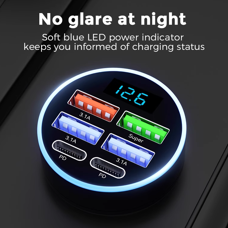 6-In-1 Car Fast Phone Charger with Voltage Display