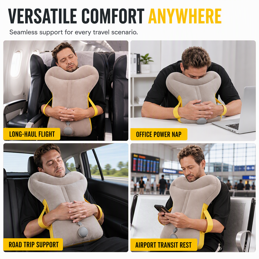 Portable Inflatable Travel Pillow Foldable Upright Face Down Sleeping Pillow for Airplane Car Camping and Office Naps