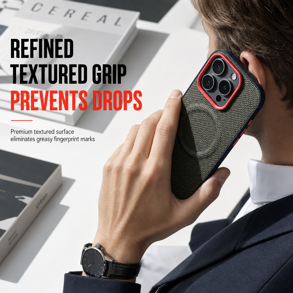 Magnetic Woven Texture Protective Phone Case with Gold Trim