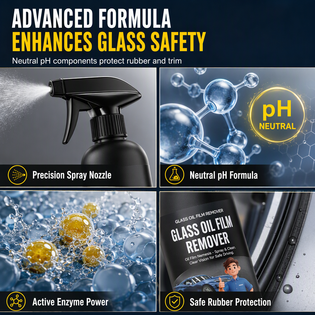 📢📢50% OFF !! ⏰Car Glass Oil Film Remover Spray Powerful Windshield Decontamination and Bug Residue Cleaner for Clear Driving Vision