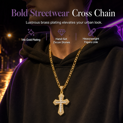 ⏳Time-Limited Special⏰Hip Hop Double Layer Baguette Rhinestone Cross Brass with Figaro Chain