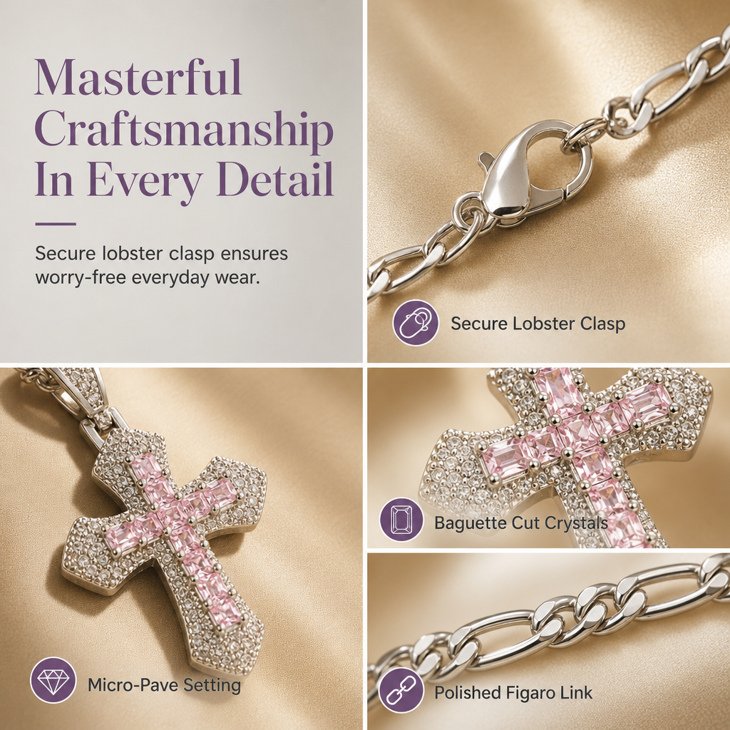 ⏳Time-Limited Special⏰Hip Hop Double Layer Baguette Rhinestone Cross Brass with Figaro Chain