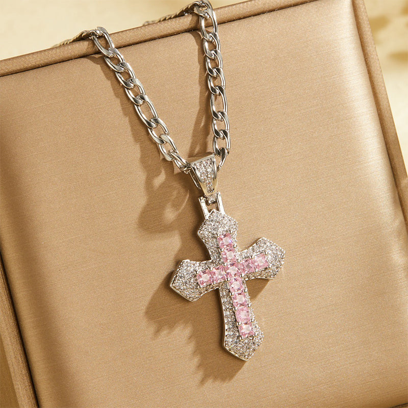 ⏳Time-Limited Special⏰Hip Hop Double Layer Baguette Rhinestone Cross Brass with Figaro Chain