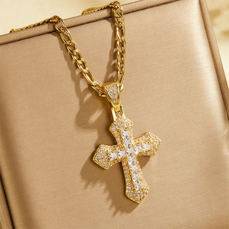 ⏳Time-Limited Special⏰Hip Hop Double Layer Baguette Rhinestone Cross Brass with Figaro Chain