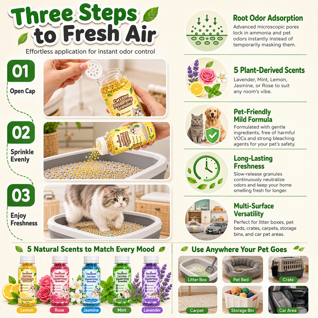 📢📢50%  OFF !! ⏰Cat Litter Deodorizing Granules – Easy Sprinkle-On Odor Control in Five Fresh Scents 🌿🏠