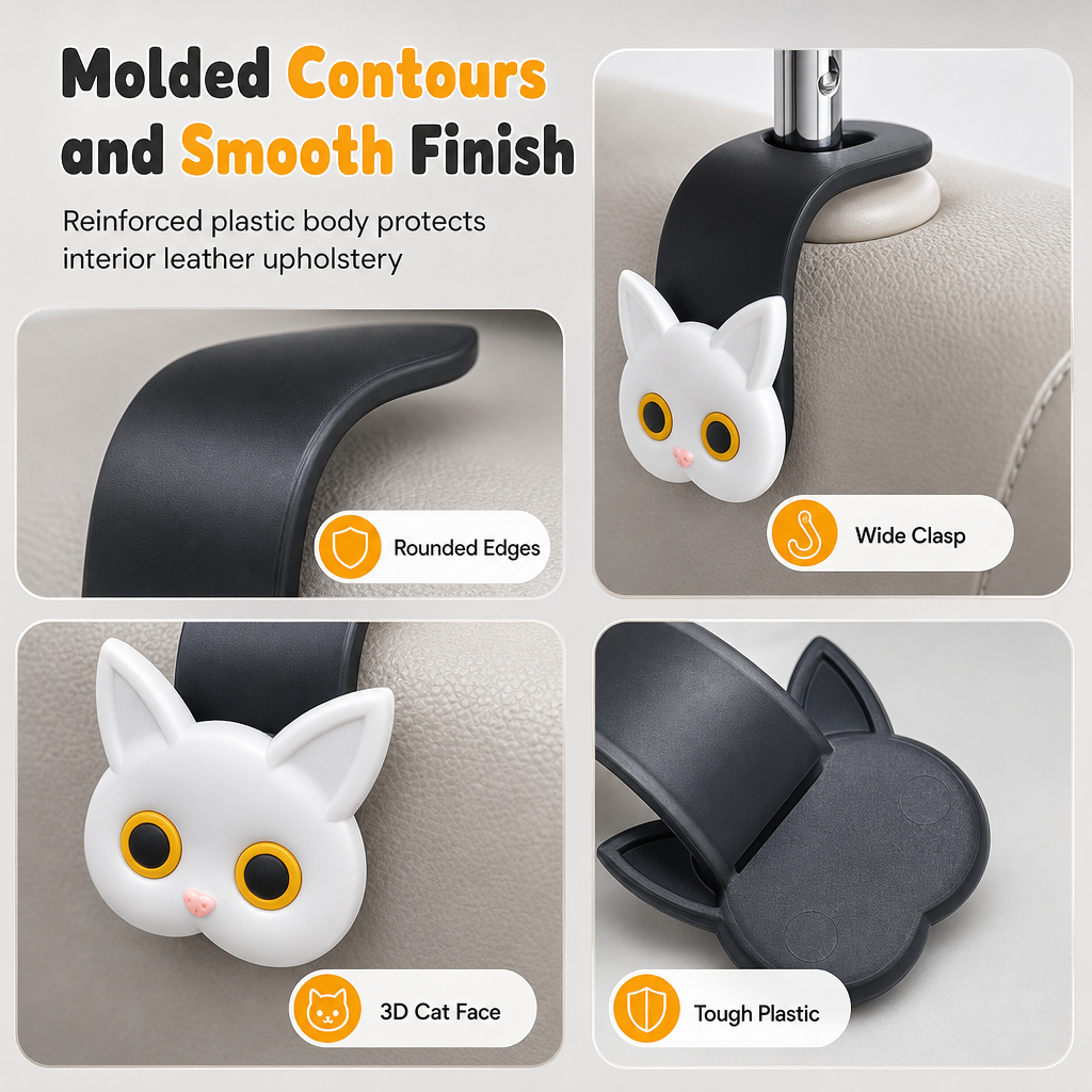 📢📢Buy 1 Get Free 1 !! ⏰Car Headrest Hook: Cat Design, Heavy-Duty Bag Hanger, Universal Fit, No Tools