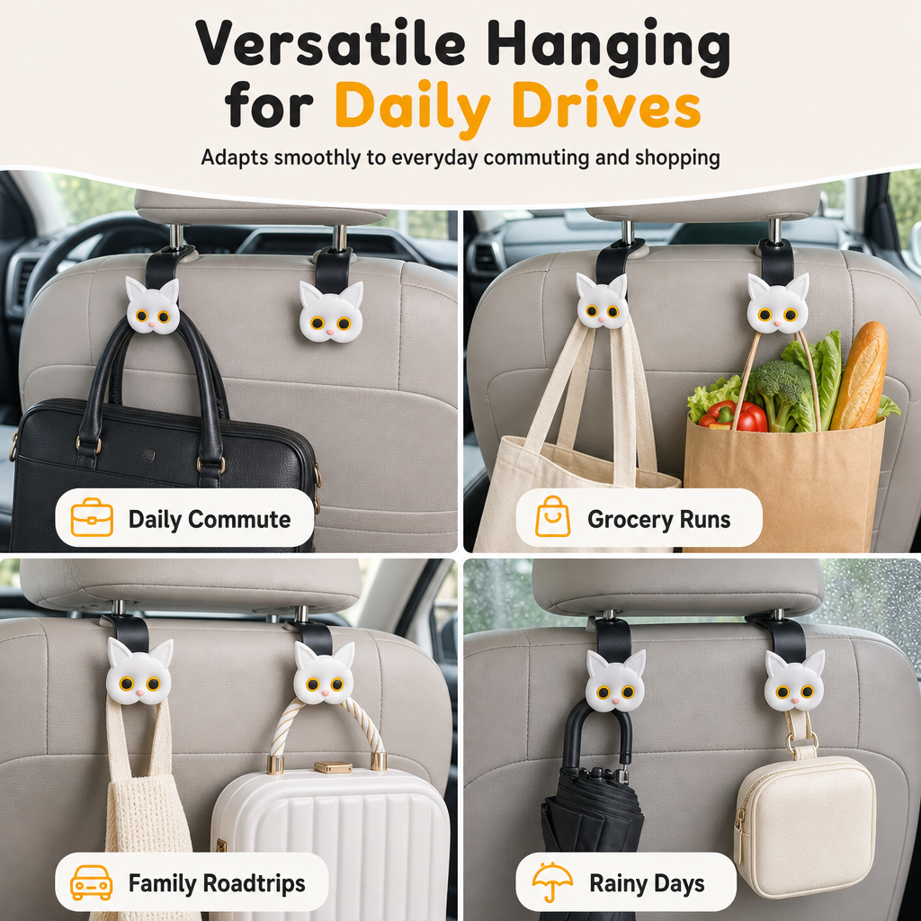 📢📢Buy 1 Get Free 1 !! ⏰Car Headrest Hook: Cat Design, Heavy-Duty Bag Hanger, Universal Fit, No Tools