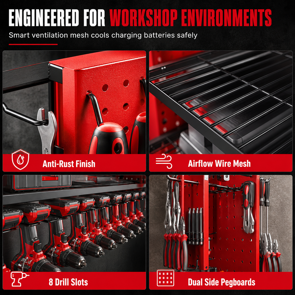 🛠️ Heavy-Duty Wall-Mounted Tool Rack: Steel, Side Pegboards, Vented Mesh, Red