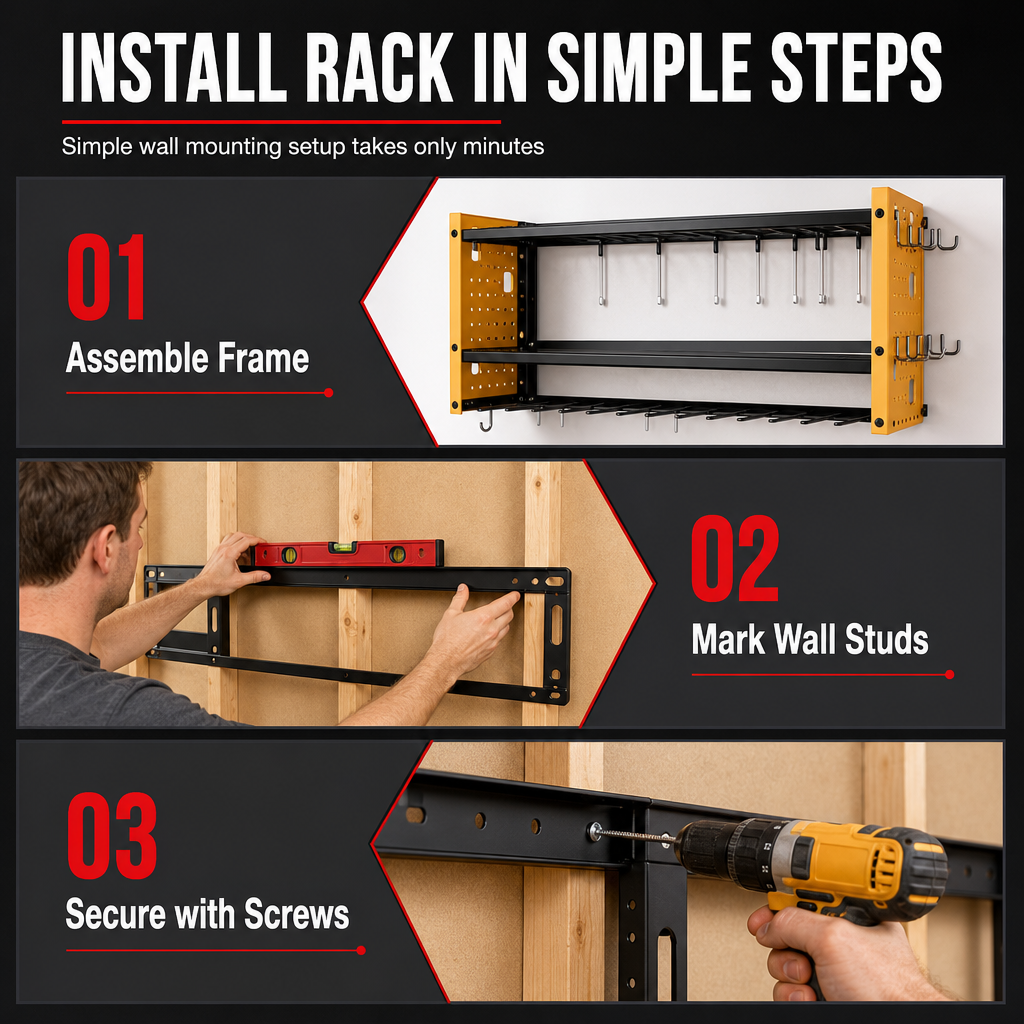 🛠️ Heavy-Duty Wall-Mounted Tool Rack: Steel, Side Pegboards, Vented Mesh, Red