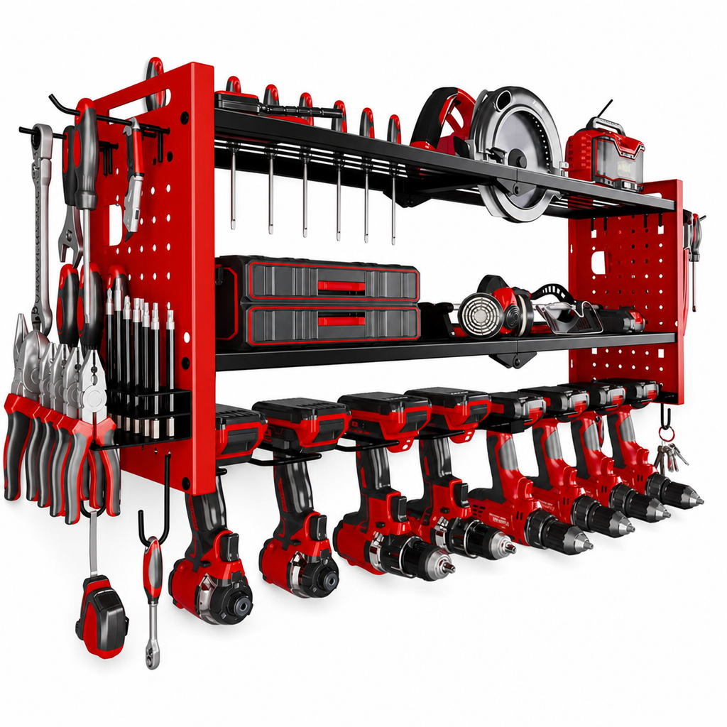 🛠️ Heavy-Duty Wall-Mounted Tool Rack: Steel, Side Pegboards, Vented Mesh, Red