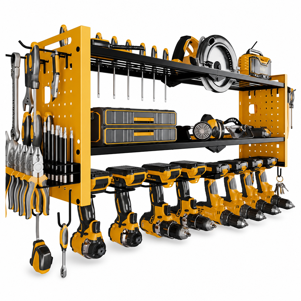 🛠️ Heavy-Duty Wall-Mounted Tool Rack: Steel, Side Pegboards, Vented Mesh, Red