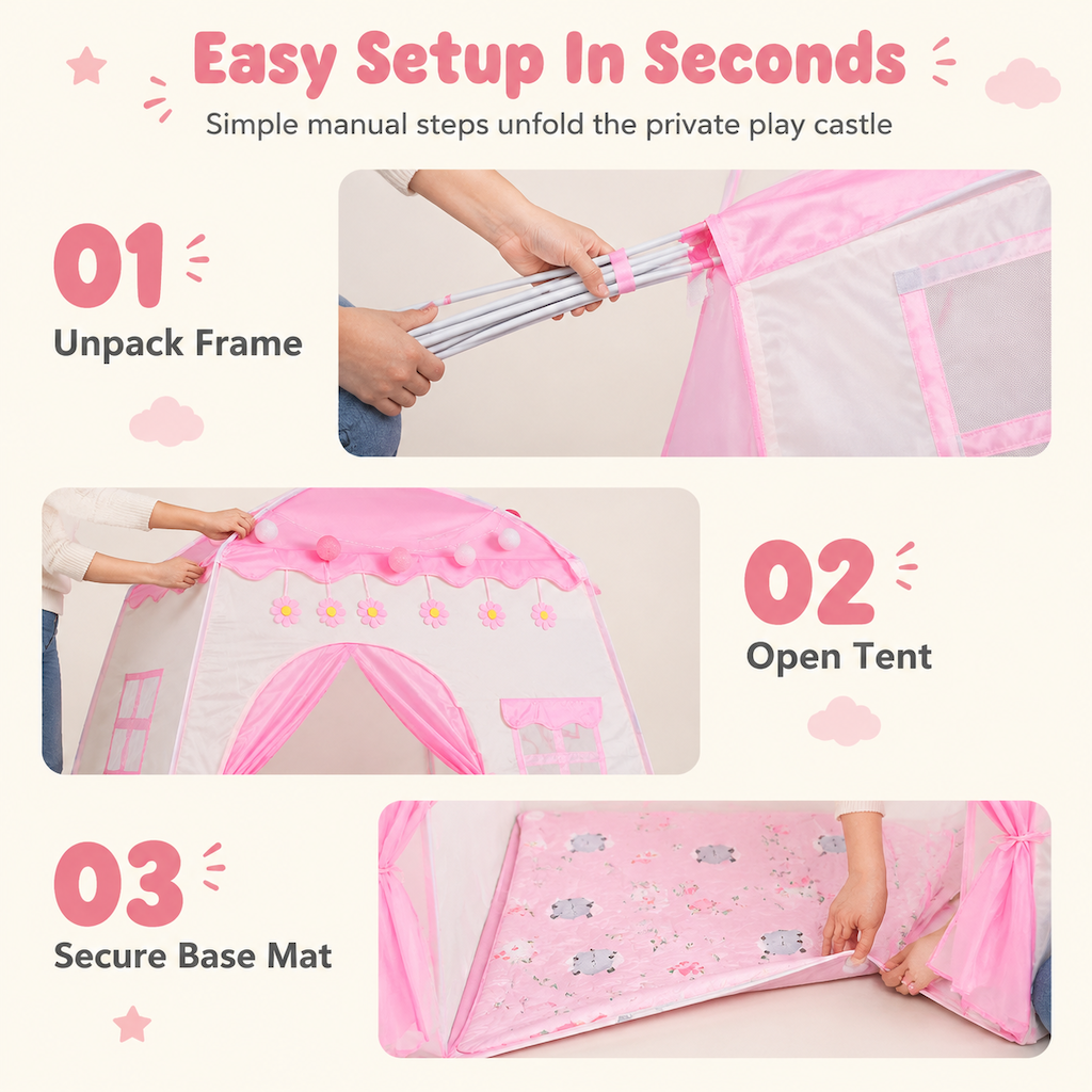 🏰💖✨Kids Indoor Play Tent Princess Castle Secret Base Bed Tent Playhouse for Toddlers
