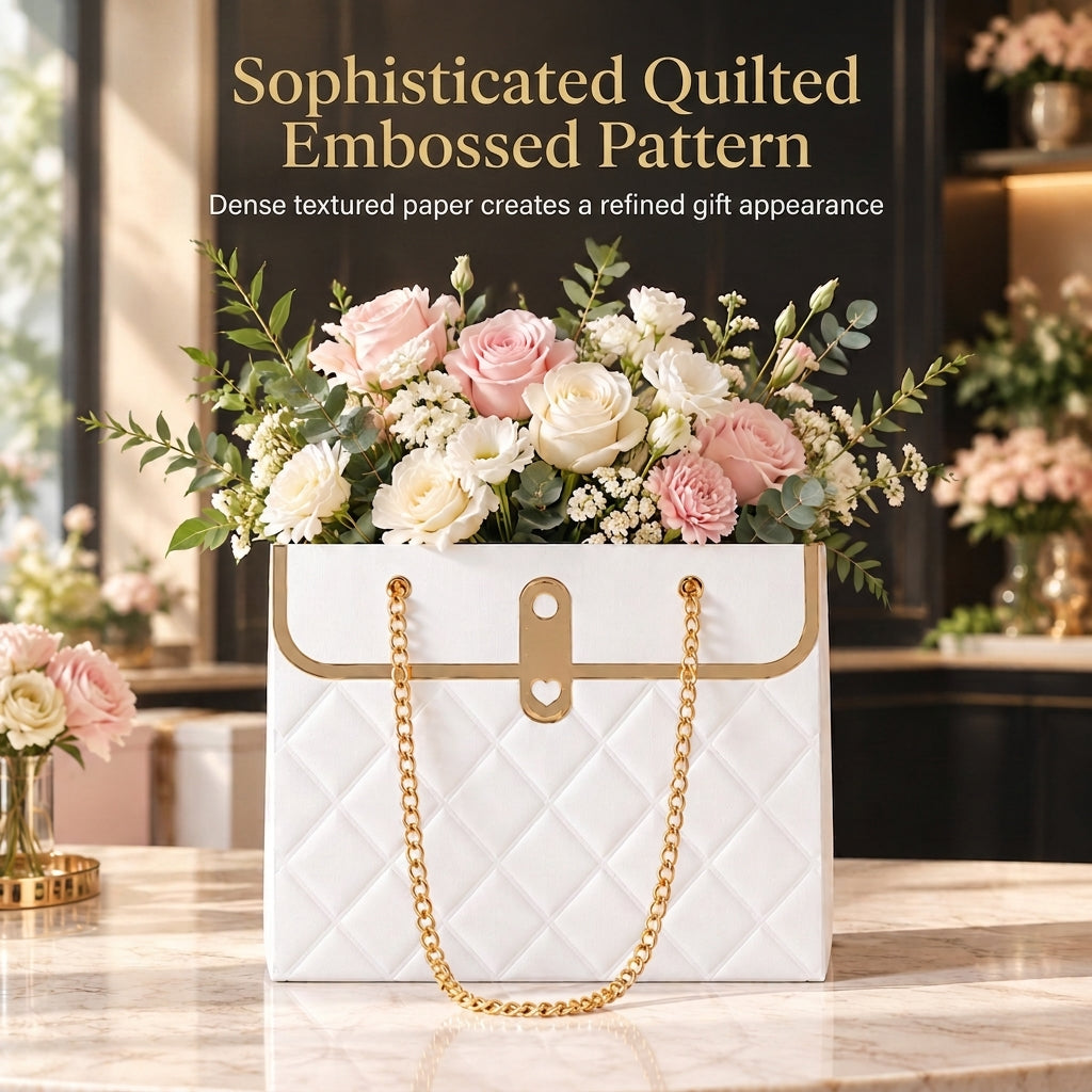 💐 LIMITED-TIME 50% OFF! ✨ Embossed Bouquet Gift Bag – Sturdy Cardboard, Chain Handle, Elegant Packaging 🎁