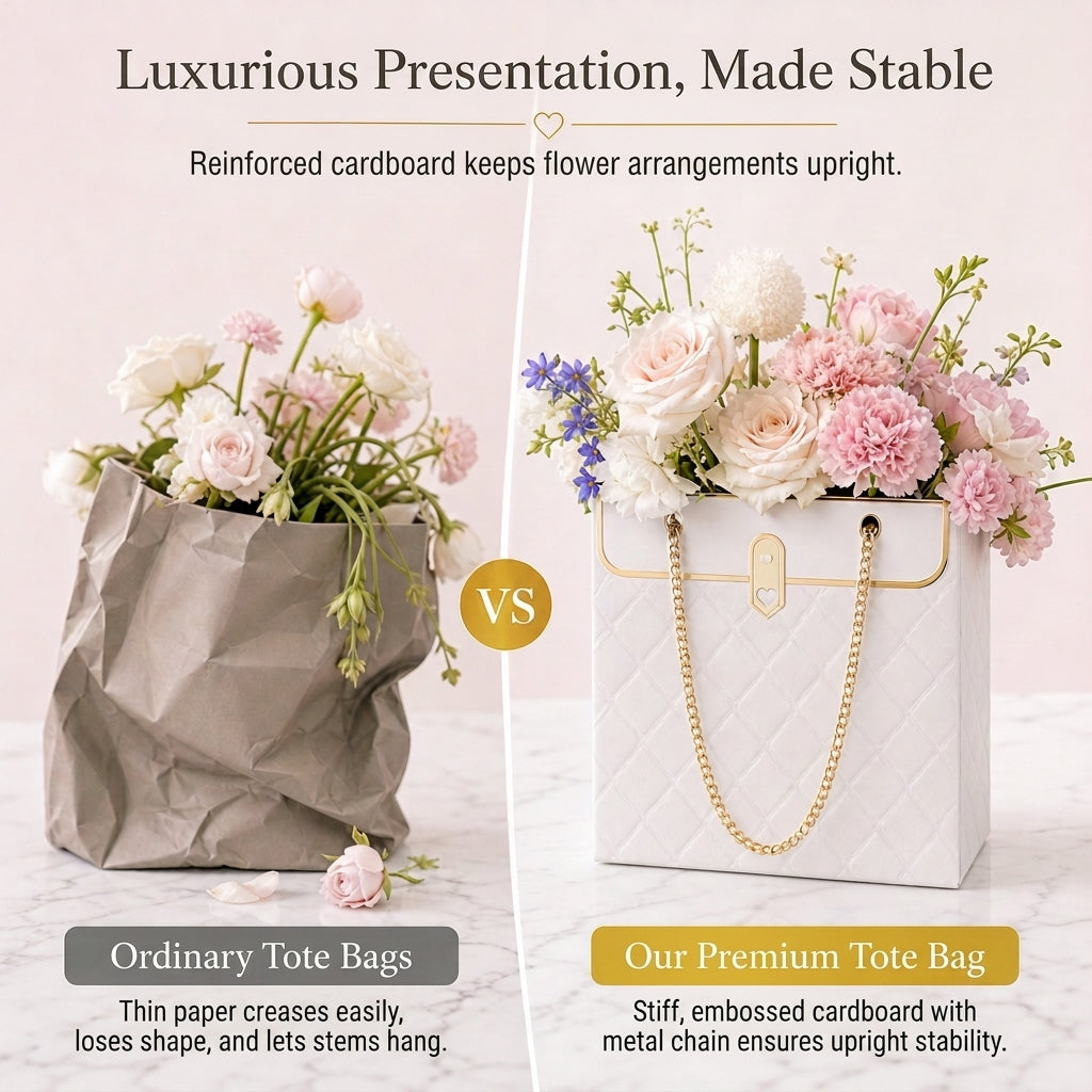 💐 LIMITED-TIME 50% OFF! ✨ Embossed Bouquet Gift Bag – Sturdy Cardboard, Chain Handle, Elegant Packaging 🎁