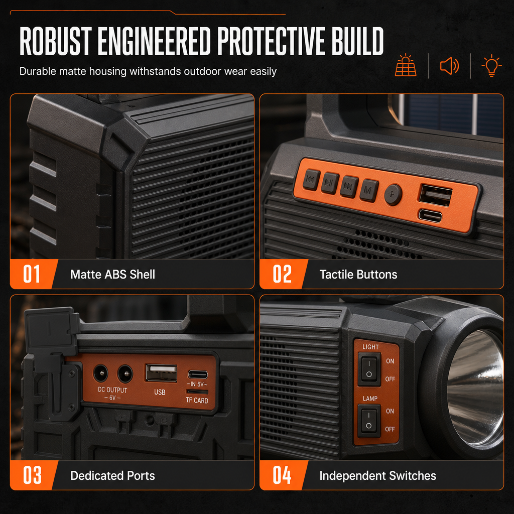 Portable Solar Emergency Radio with Bluetooth Speaker Flashlight and 5V Charging