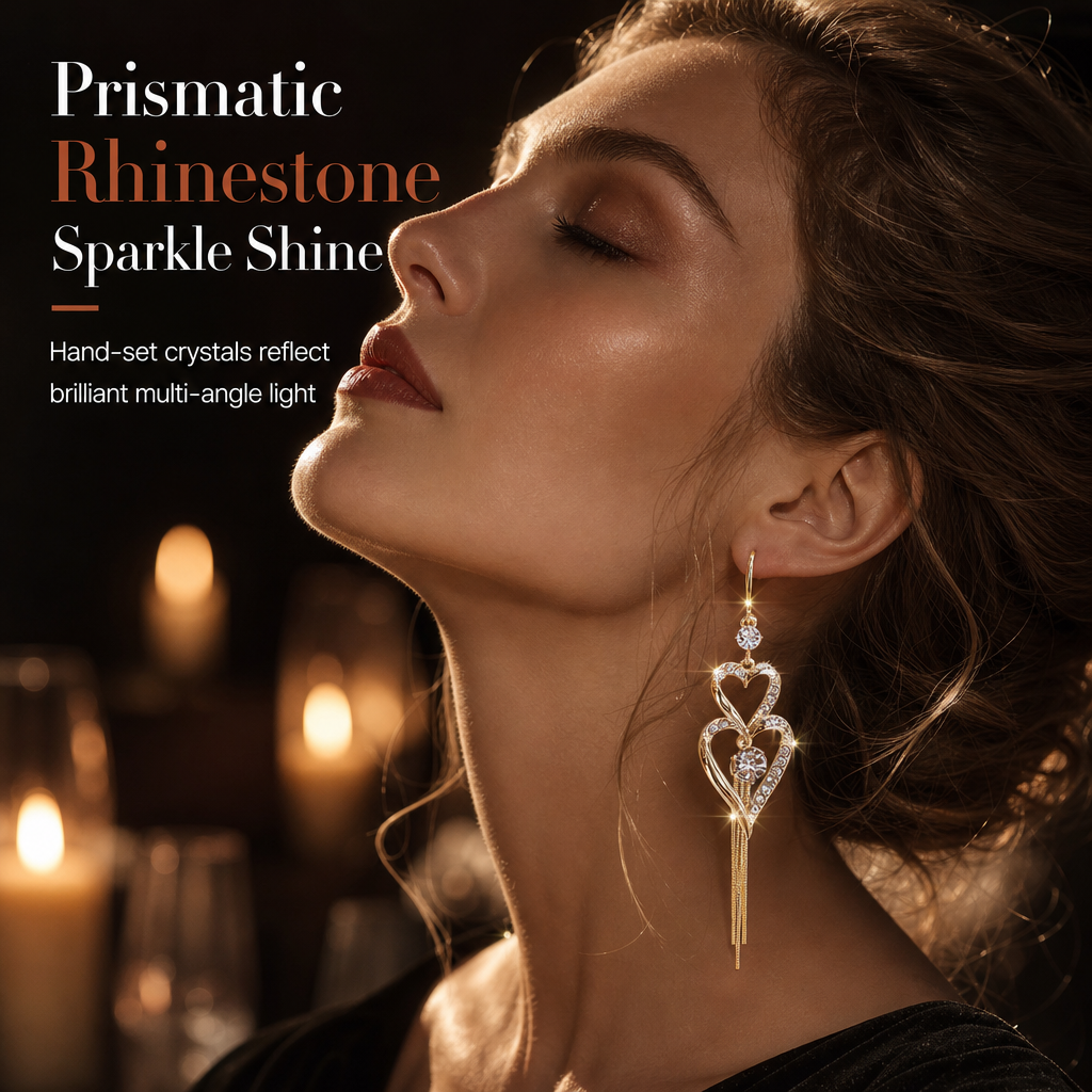 💫Elegant Gold Double Layer Heart Tassel Drop Earrings with Rhinestones for Women💎