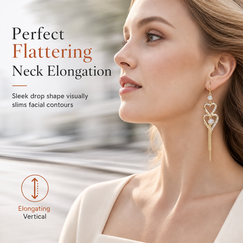 💫Elegant Gold Double Layer Heart Tassel Drop Earrings with Rhinestones for Women💎