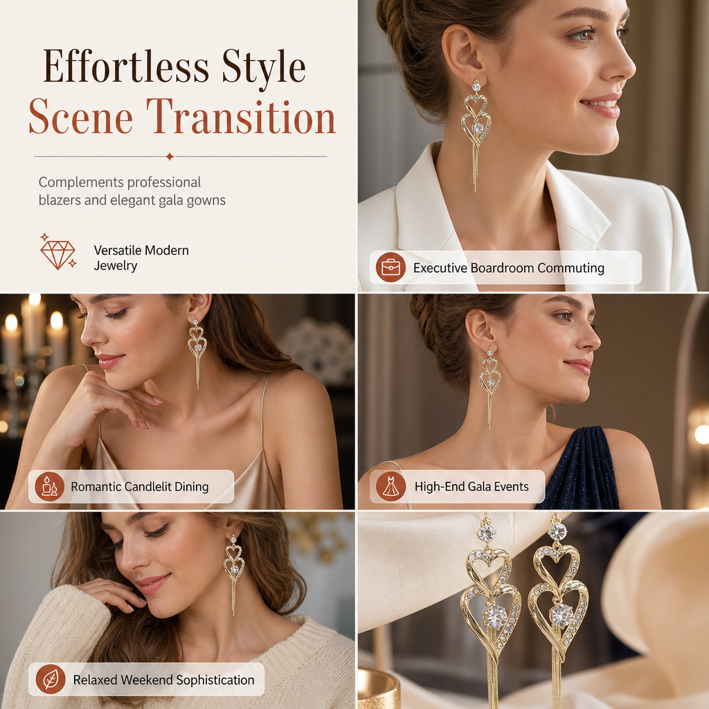 💫Elegant Gold Double Layer Heart Tassel Drop Earrings with Rhinestones for Women💎