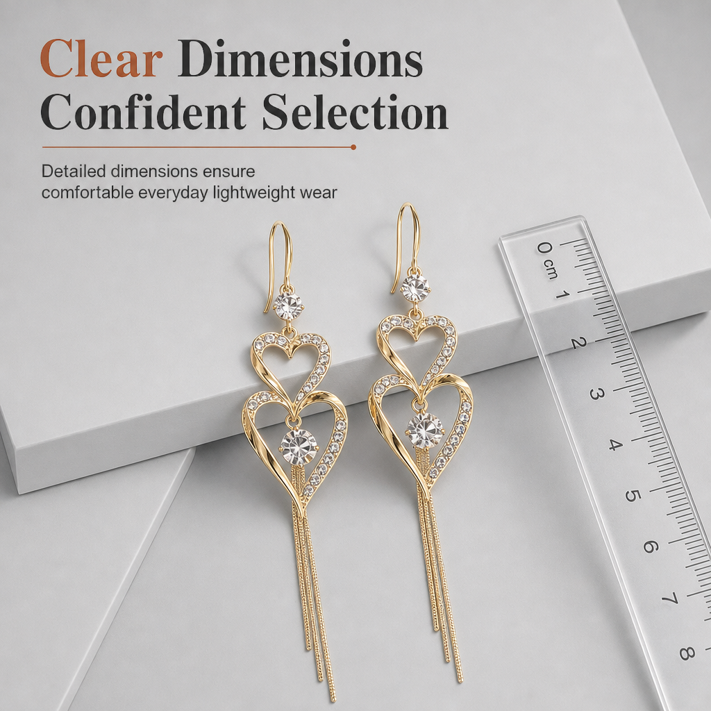 💫Elegant Gold Double Layer Heart Tassel Drop Earrings with Rhinestones for Women💎