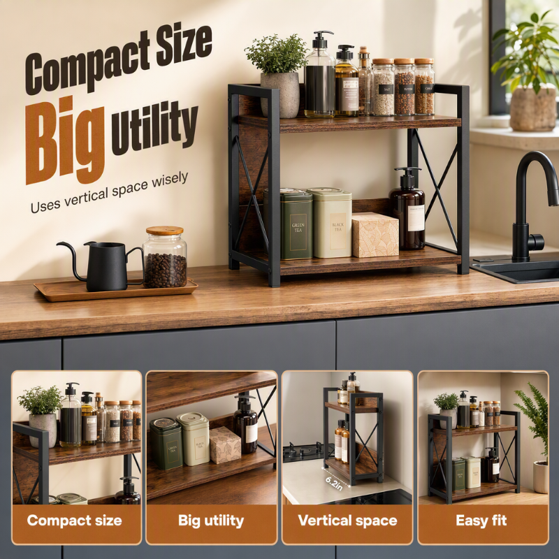 🧺 2-Tier Countertop Organiser: Wood & Iron, Space-Saving, Kitchen & Bathroom Storage