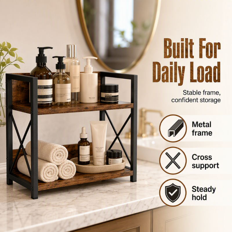 🧺 2-Tier Countertop Organiser: Wood & Iron, Space-Saving, Kitchen & Bathroom Storage