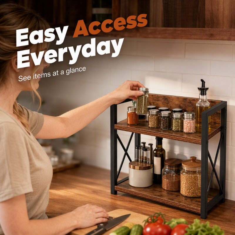 🧺 2-Tier Countertop Organiser: Wood & Iron, Space-Saving, Kitchen & Bathroom Storage