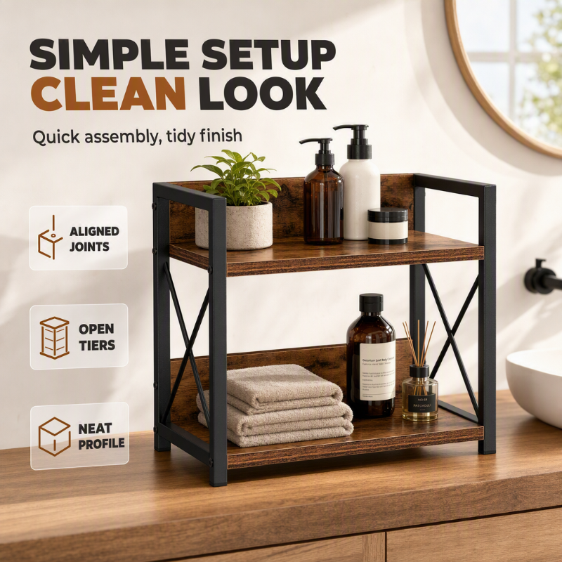 🧺 2-Tier Countertop Organiser: Wood & Iron, Space-Saving, Kitchen & Bathroom Storage