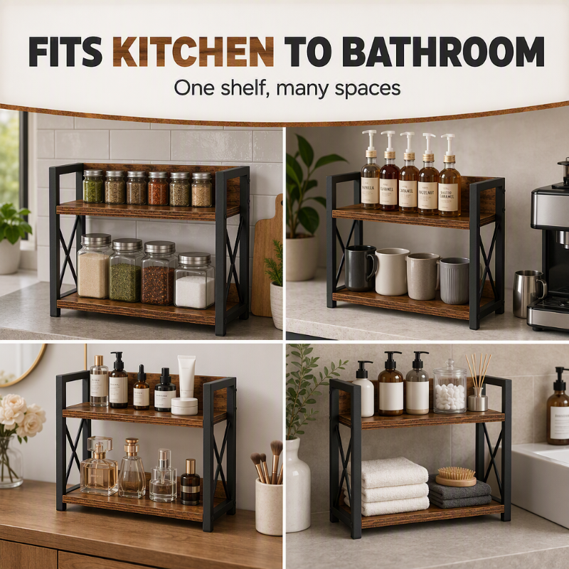 🧺 2-Tier Countertop Organiser: Wood & Iron, Space-Saving, Kitchen & Bathroom Storage
