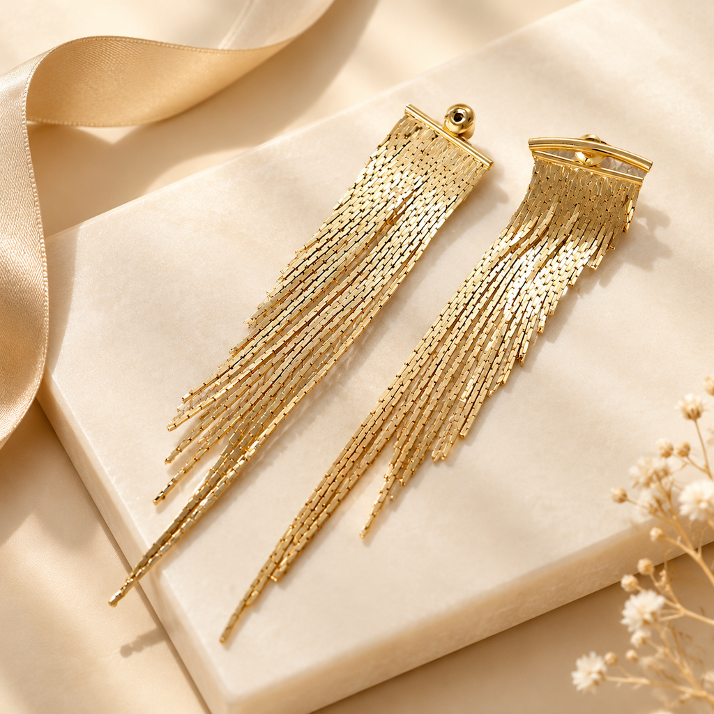 Gold Long Tassel Dangle Earrings Statement Irregular Beveled Drop Earrings for Women 1 Pair