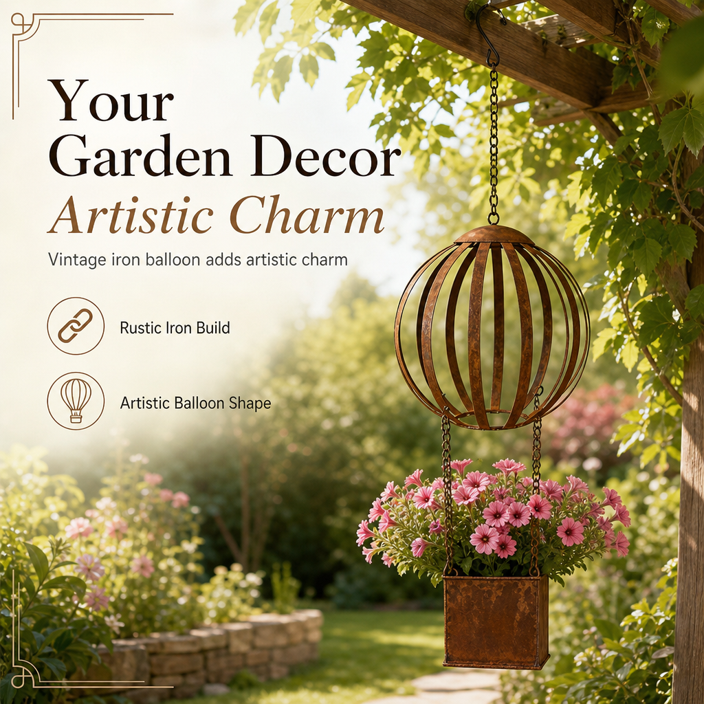 🎈 Vintage Iron Hot Air Balloon Hanging Planter: Distressed Finish, S-Hook, Garden Decor