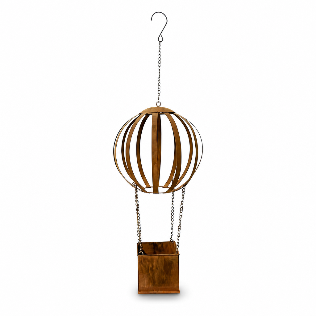 🎈 Vintage Iron Hot Air Balloon Hanging Planter: Distressed Finish, S-Hook, Garden Decor