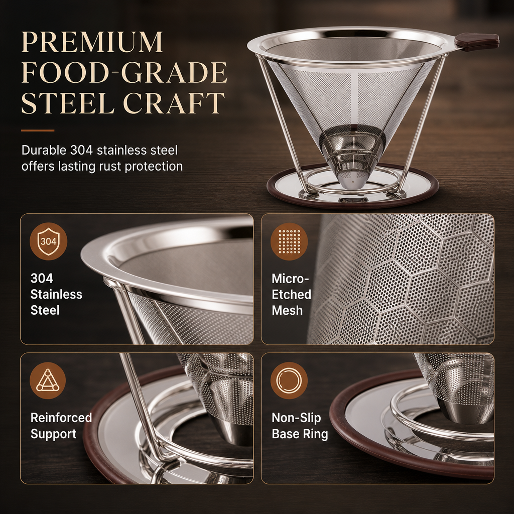 Reusable 304 Stainless Steel Double Layer Pour Over Coffee Filter Cone Drip Coffee Maker Funnel for 1 to 4 Cups