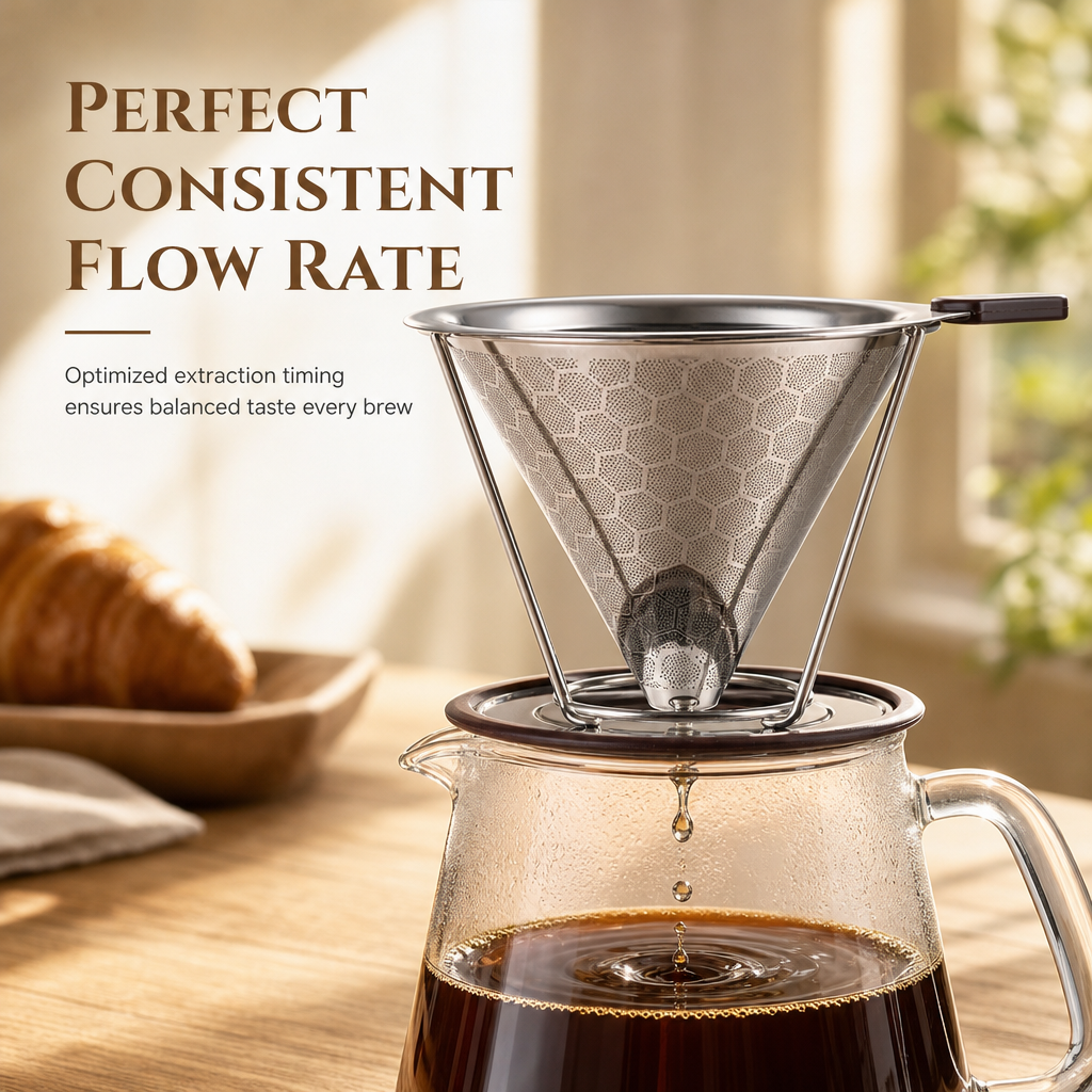 Reusable 304 Stainless Steel Double Layer Pour Over Coffee Filter Cone Drip Coffee Maker Funnel for 1 to 4 Cups
