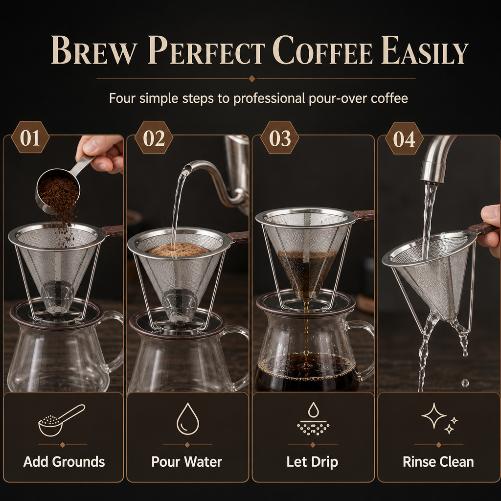 Reusable 304 Stainless Steel Double Layer Pour Over Coffee Filter Cone Drip Coffee Maker Funnel for 1 to 4 Cups