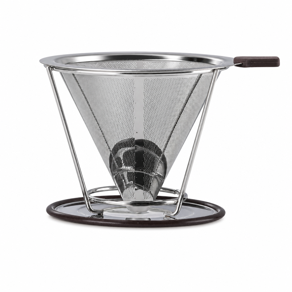 Reusable 304 Stainless Steel Double Layer Pour Over Coffee Filter Cone Drip Coffee Maker Funnel for 1 to 4 Cups