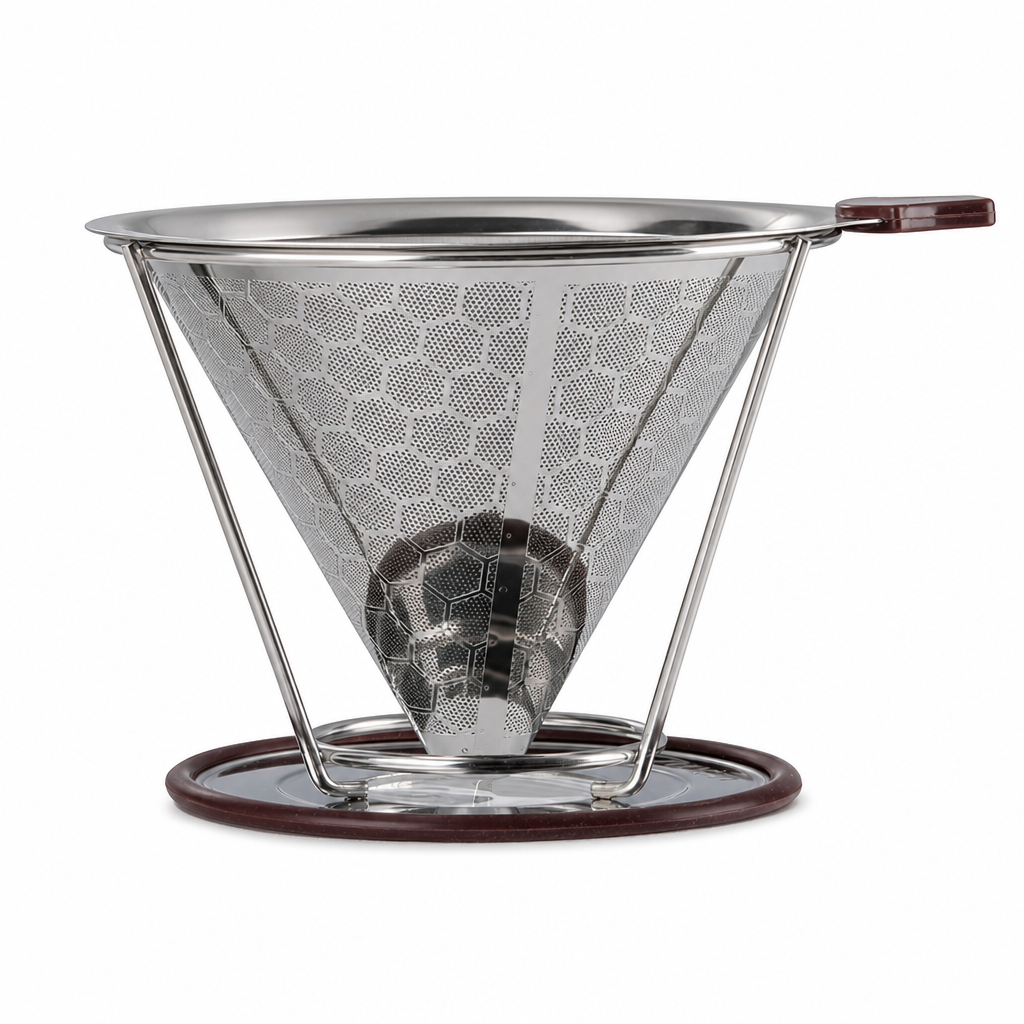 Reusable 304 Stainless Steel Double Layer Pour Over Coffee Filter Cone Drip Coffee Maker Funnel for 1 to 4 Cups